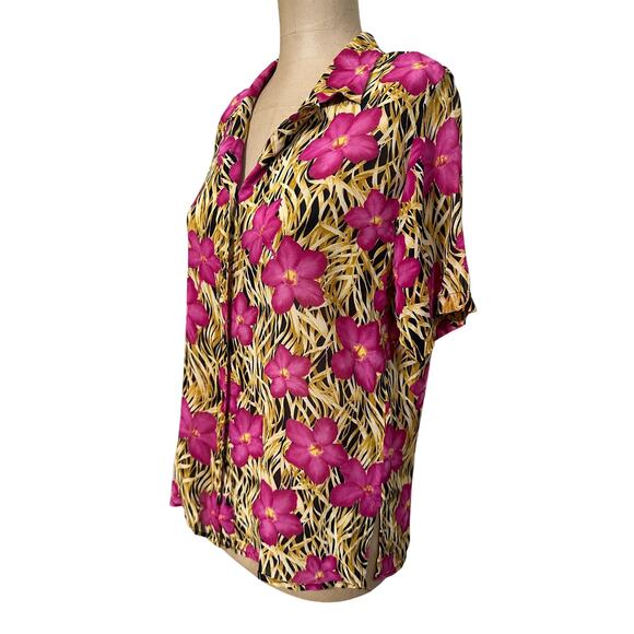 Escada Blouse Large Vintage Silk Pink Hibiscus Tropical Floral Short Sleeve - Picture 3 of 7